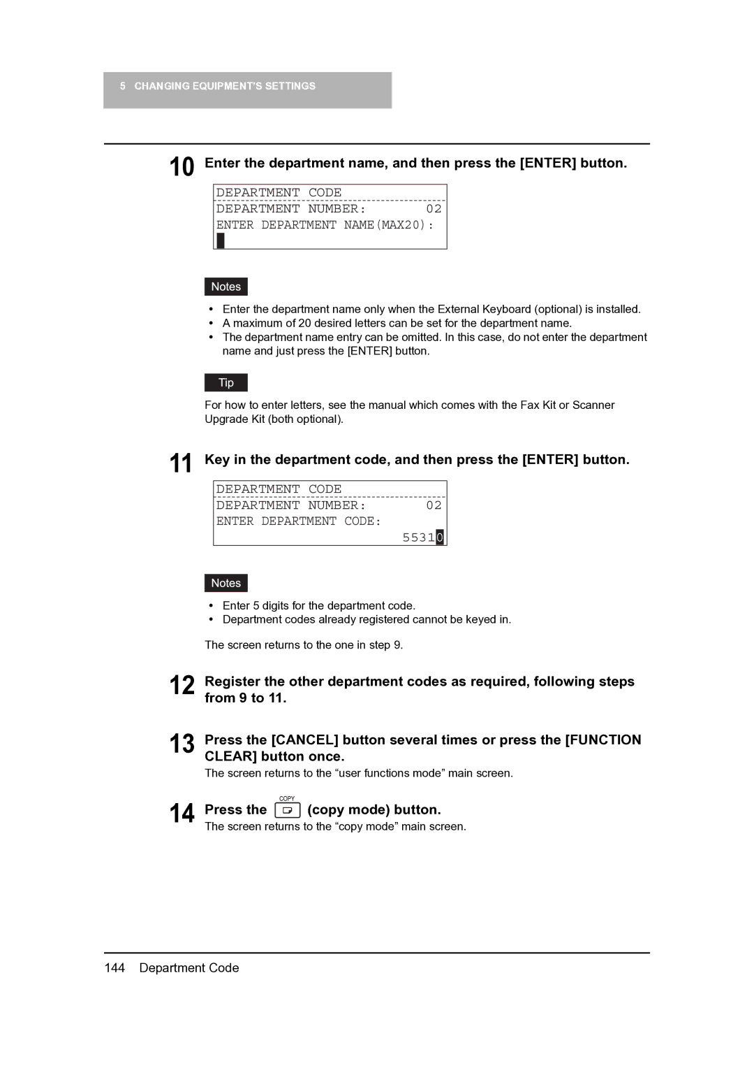 Toshiba 165 Enter the department name, and then press the Enter button, Department Code Number, Press the copy mode button 