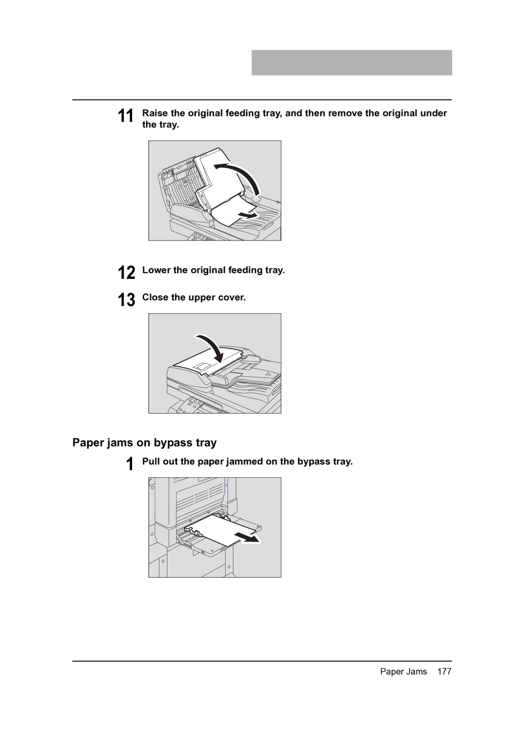 Toshiba 205, 165 manual Paper jams on bypass tray, Pull out the paper jammed on the bypass tray 