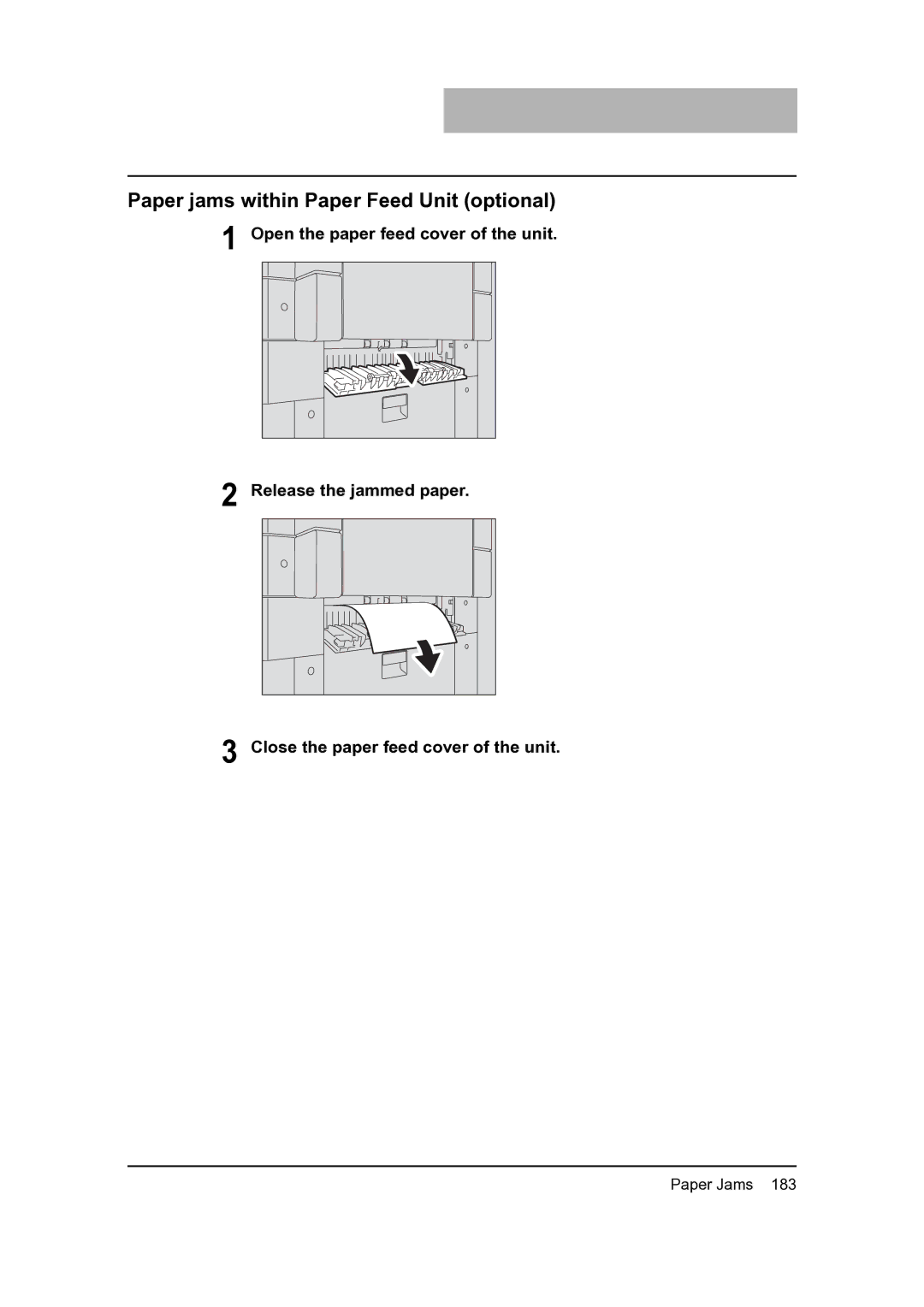 Toshiba 205, 165 manual Paper jams within Paper Feed Unit optional 