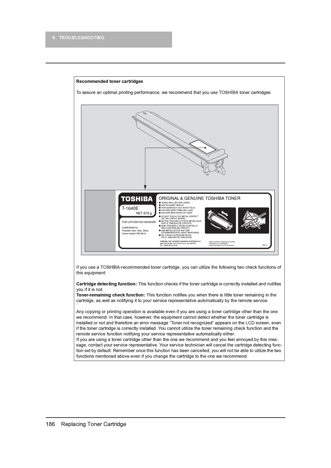 Toshiba 165, 205 manual Recommended toner cartridges 