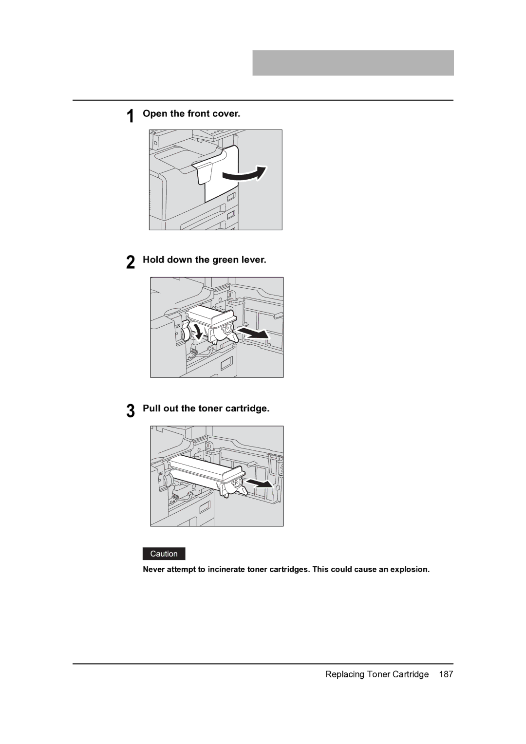 Toshiba 205, 165 manual Replacing Toner Cartridge 