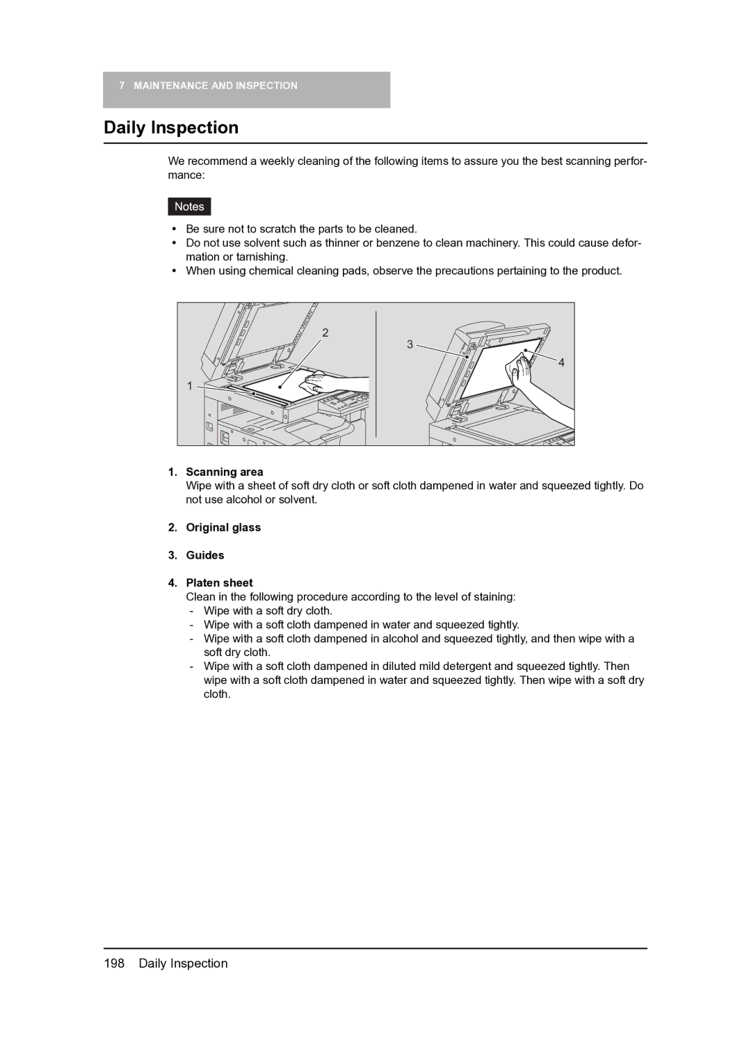 Toshiba 165, 205 manual Daily Inspection, Original glass Guides Platen sheet 