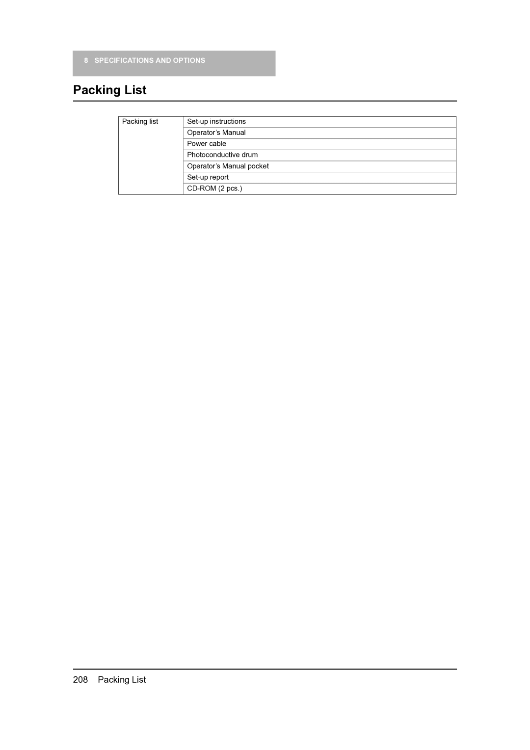 Toshiba 165, 205 manual Packing List 