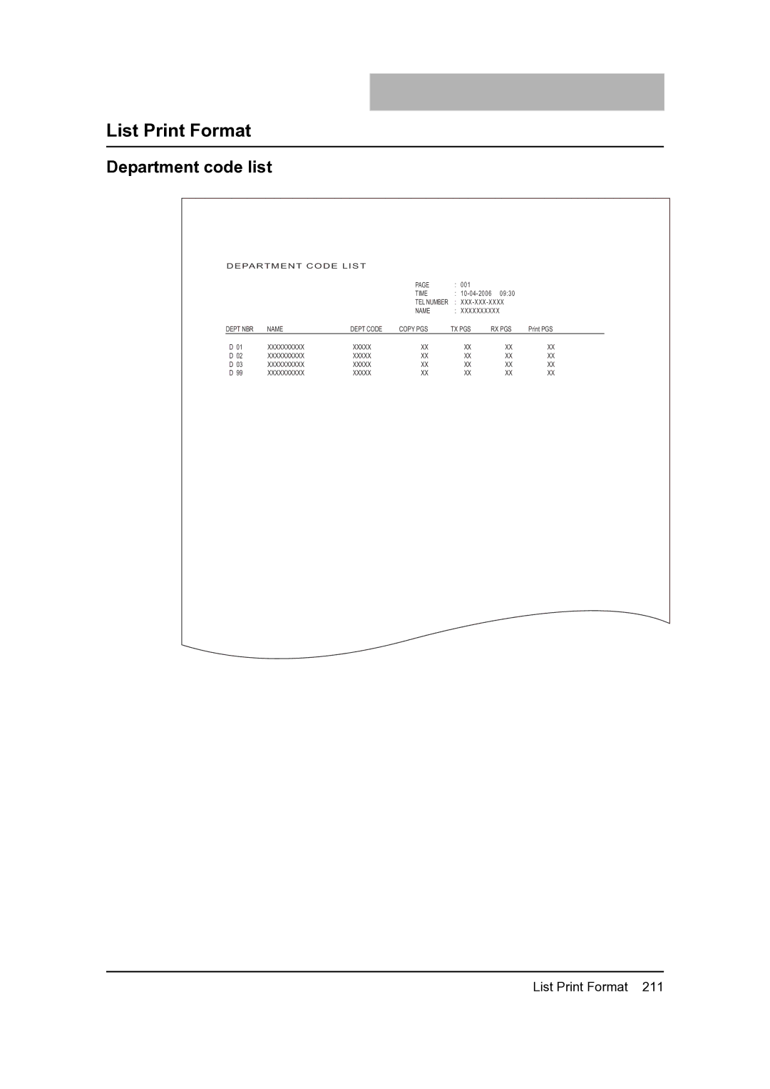 Toshiba 205, 165 manual List Print Format, Department code list 