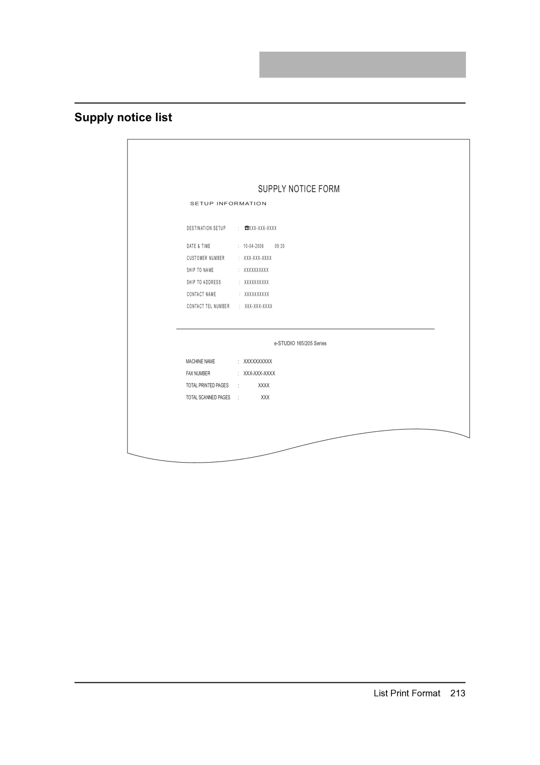 Toshiba 205, 165 manual Supply notice list, Supply Notice Form 