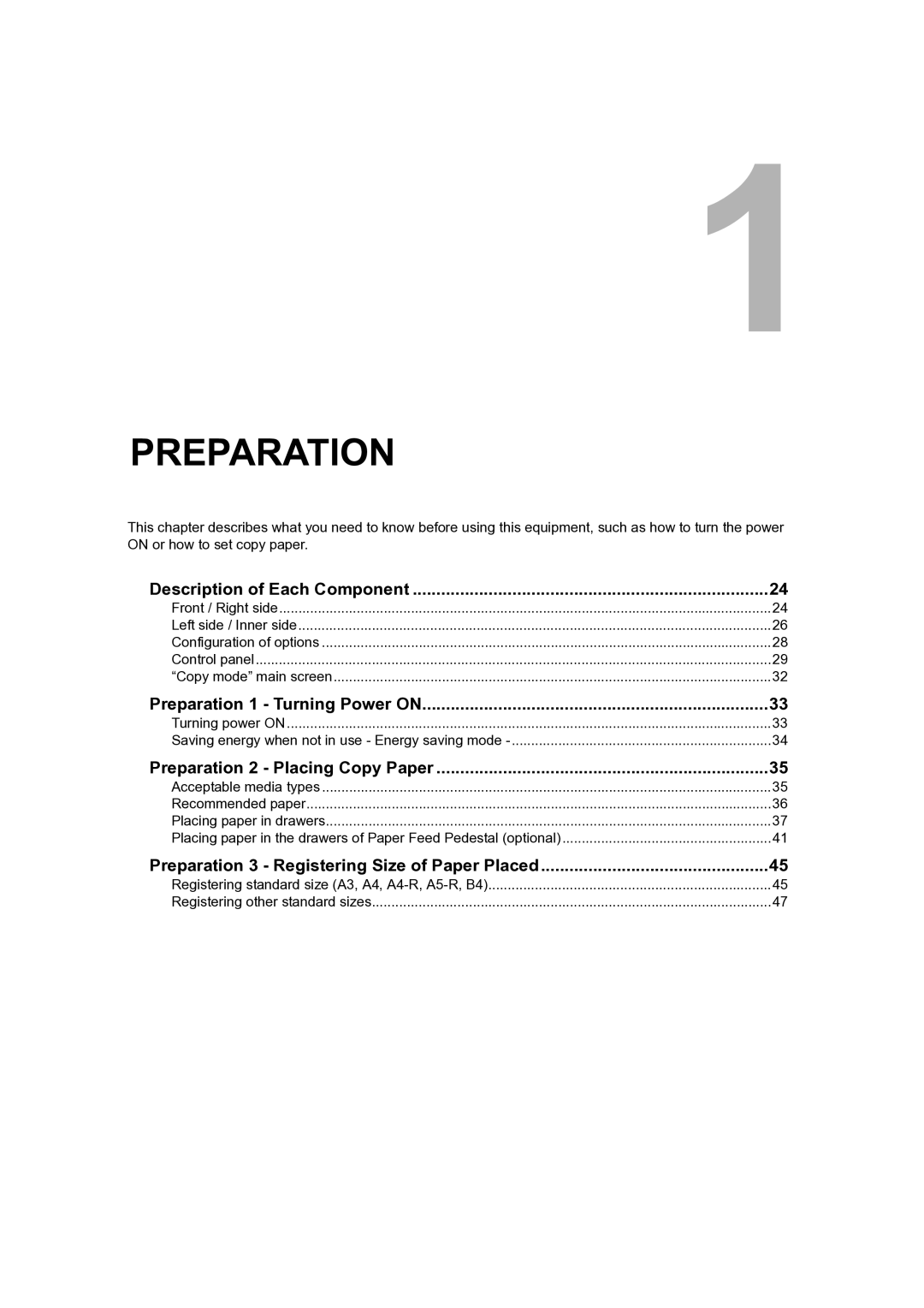 Toshiba 205, 165 manual Description of Each Component, Preparation 1 Turning Power on, Preparation 2 Placing Copy Paper 