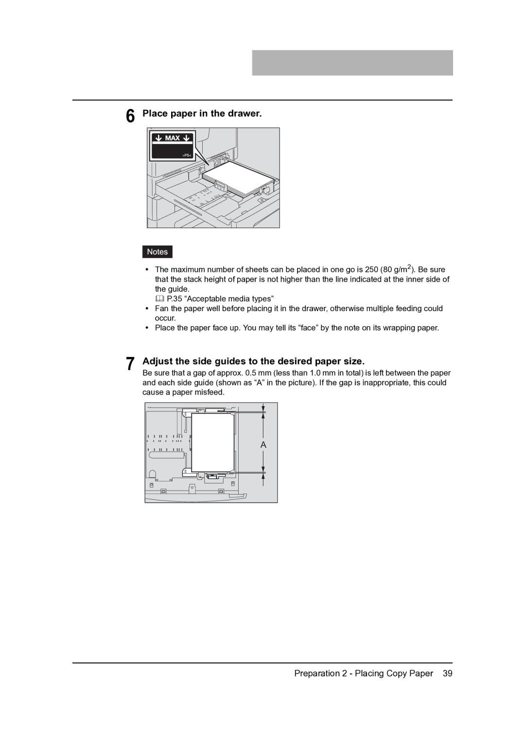 Toshiba 205, 165 manual Place paper in the drawer, Adjust the side guides to the desired paper size 