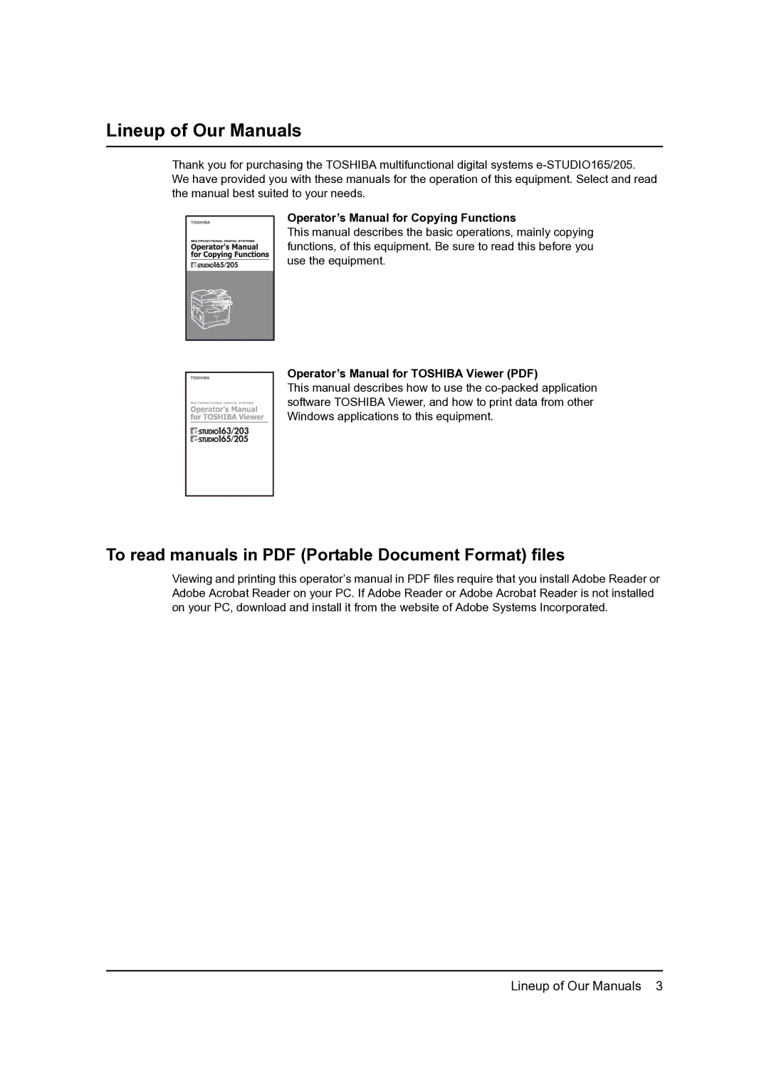 Toshiba 205, 165 manual Lineup of Our Manuals, Operator’s Manual for Copying Functions 