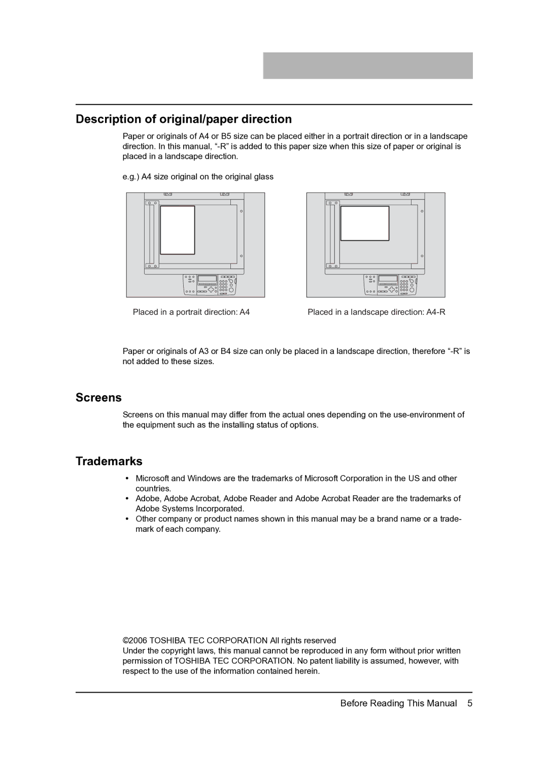 Toshiba 205, 165 manual Description of original/paper direction, Screens, Trademarks 