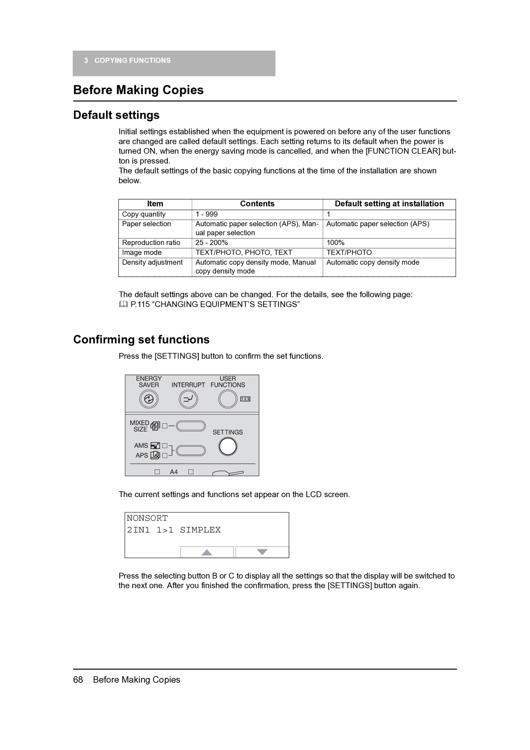 Toshiba 165, 205 manual Before Making Copies, Default settings, Confirming set functions, Nonsort 2IN1 11 Simplex 