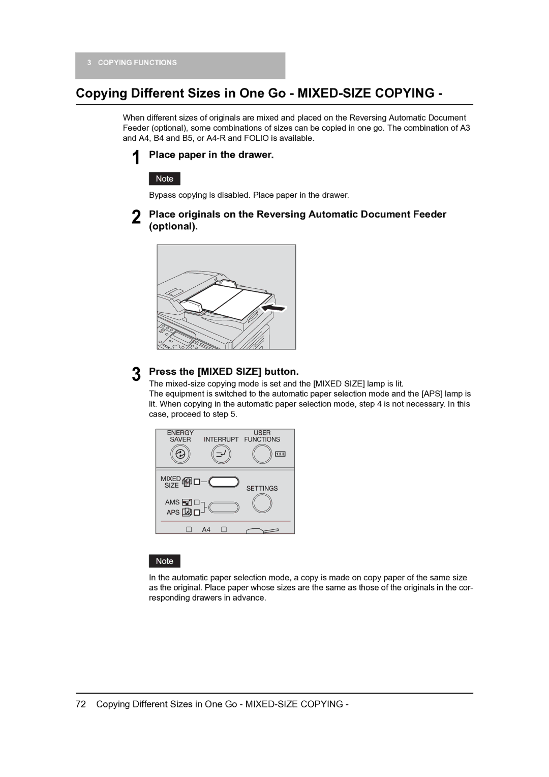 Toshiba 165, 205 manual Copying Different Sizes in One Go MIXED-SIZE Copying, Place paper in the drawer 