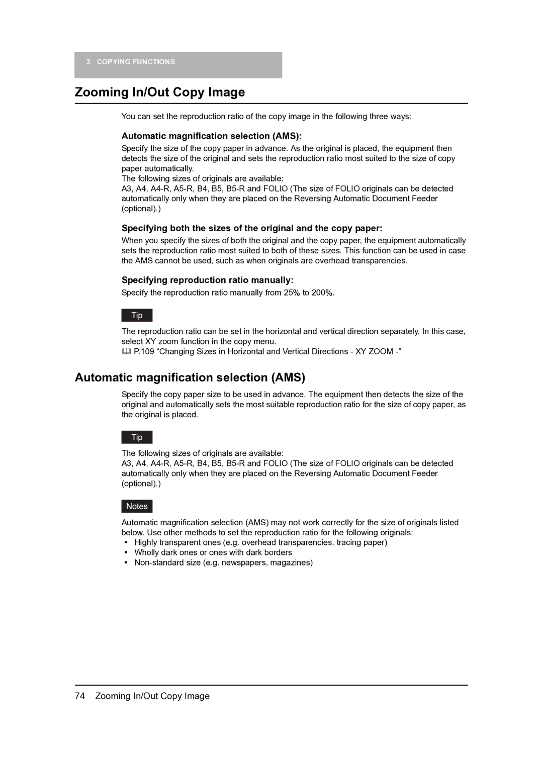 Toshiba 165, 205 manual Zooming In/Out Copy Image, Automatic magnification selection AMS 