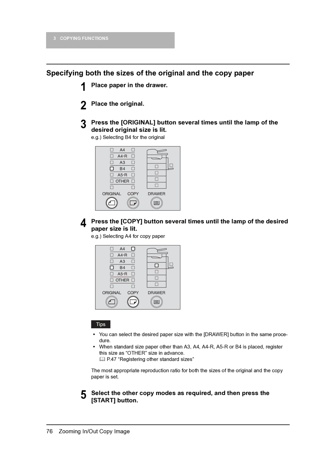 Toshiba 165, 205 manual Specifying both the sizes of the original and the copy paper 