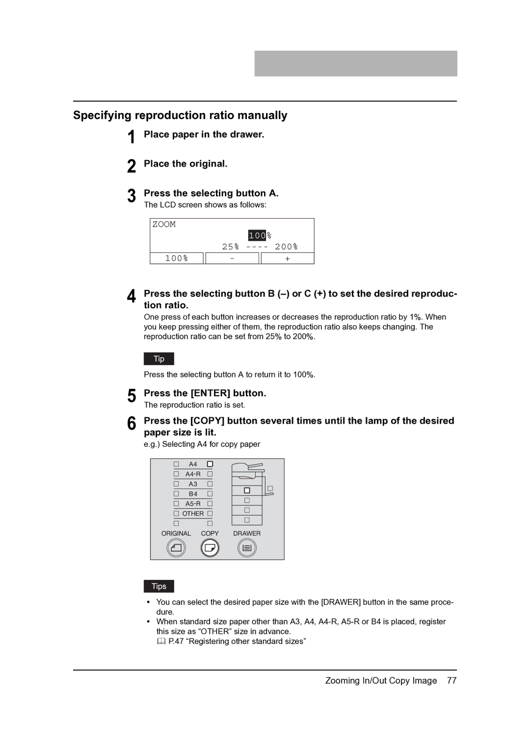 Toshiba 205, 165 Specifying reproduction ratio manually, Place paper in the drawer Place the original 