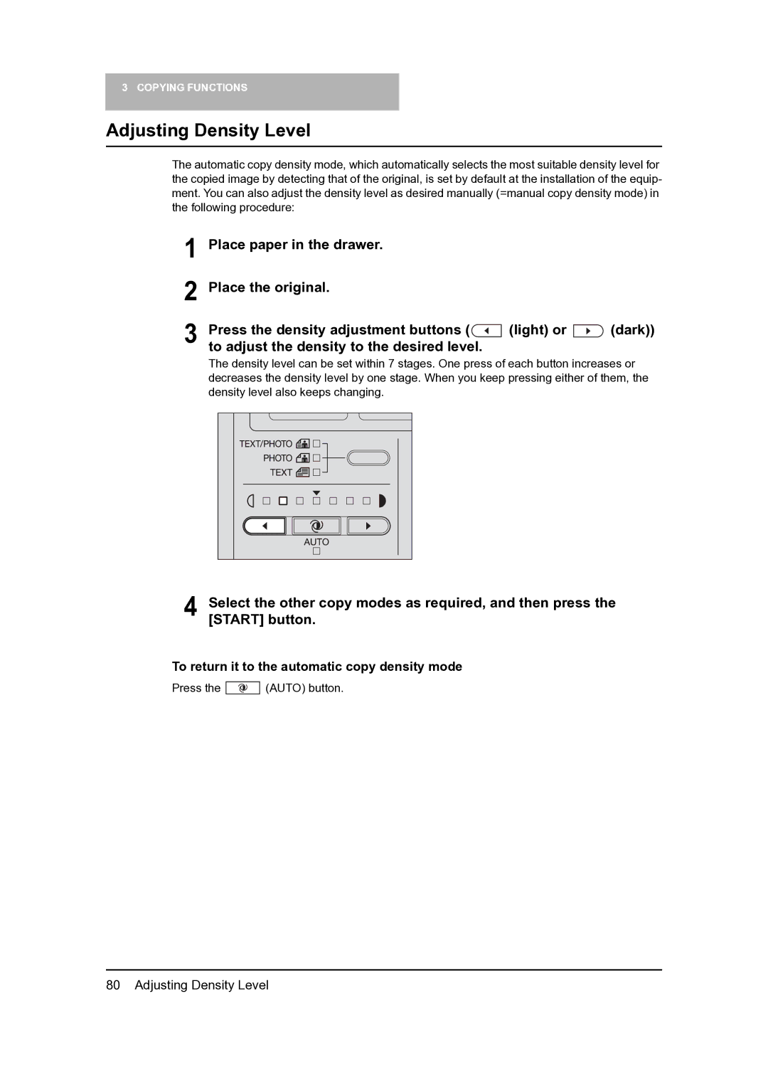 Toshiba 165, 205 manual Adjusting Density Level, To return it to the automatic copy density mode 