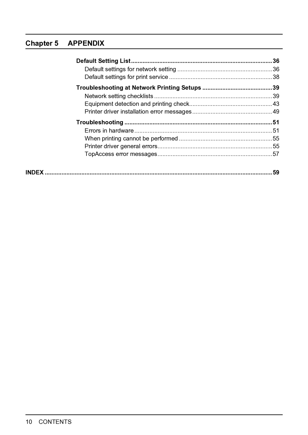 Toshiba 165 quick start Default Setting List, Troubleshooting at Network Printing Setups 