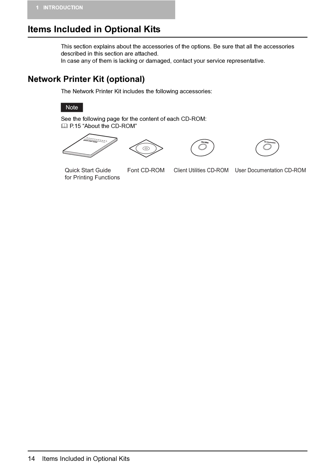 Toshiba 165 quick start Items Included in Optional Kits, Network Printer Kit optional 