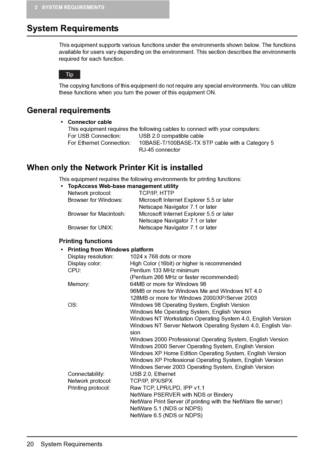 Toshiba 165 System Requirements, General requirements, When only the Network Printer Kit is installed, Printing functions 