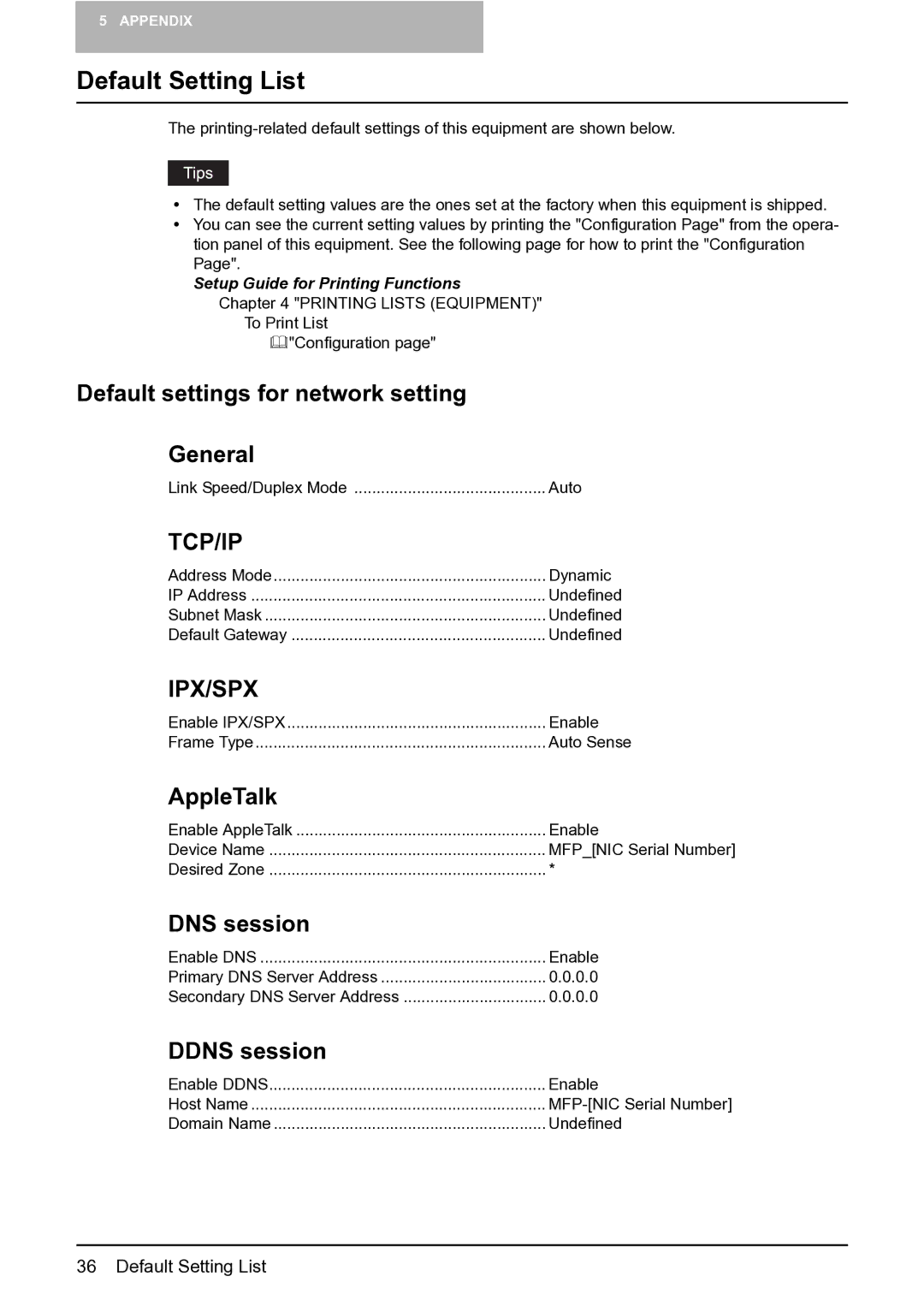 Toshiba 165 Default Setting List, Default settings for network setting General, AppleTalk, DNS session, Ddns session 