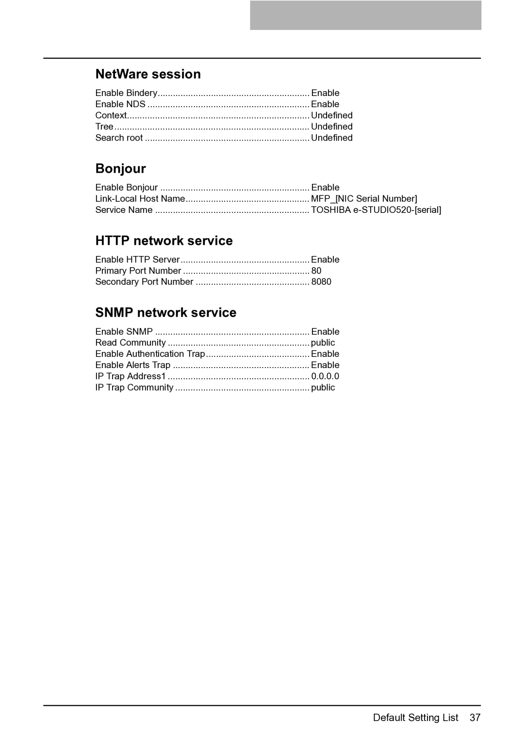 Toshiba 165 quick start NetWare session, Bonjour, Http network service, Snmp network service 