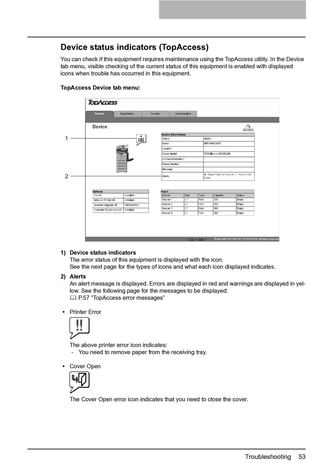 Toshiba 165 quick start Device status indicators TopAccess, TopAccess Device tab menu Device status indicators, Alerts 