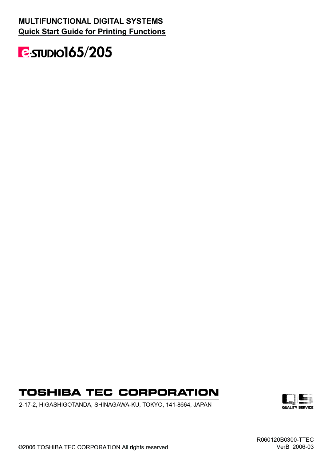 Toshiba 165 quick start Multifunctional Digital Systems 