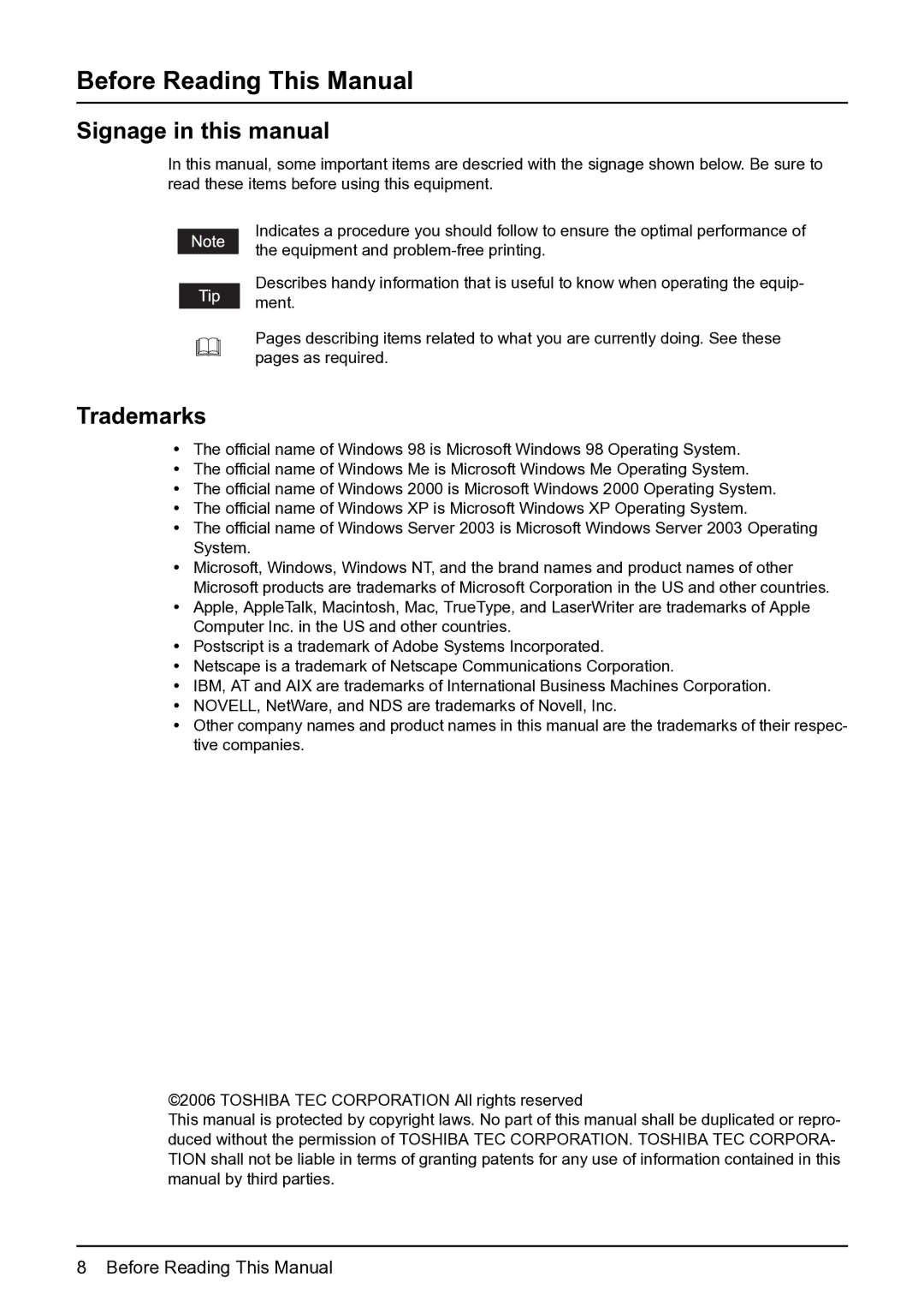 Toshiba 165 quick start Before Reading This Manual, Signage in this manual, Trademarks 