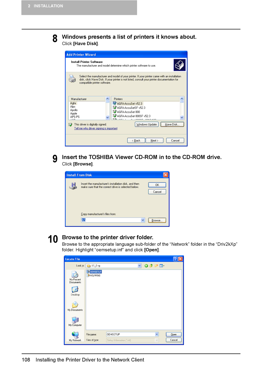 Toshiba 165/205 manual Windows presents a list of printers it knows about 