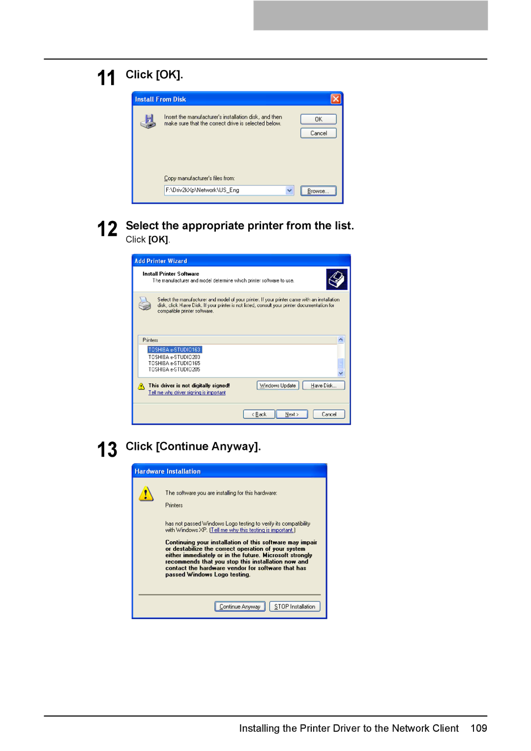 Toshiba 165/205 manual Click OK Select the appropriate printer from the list 