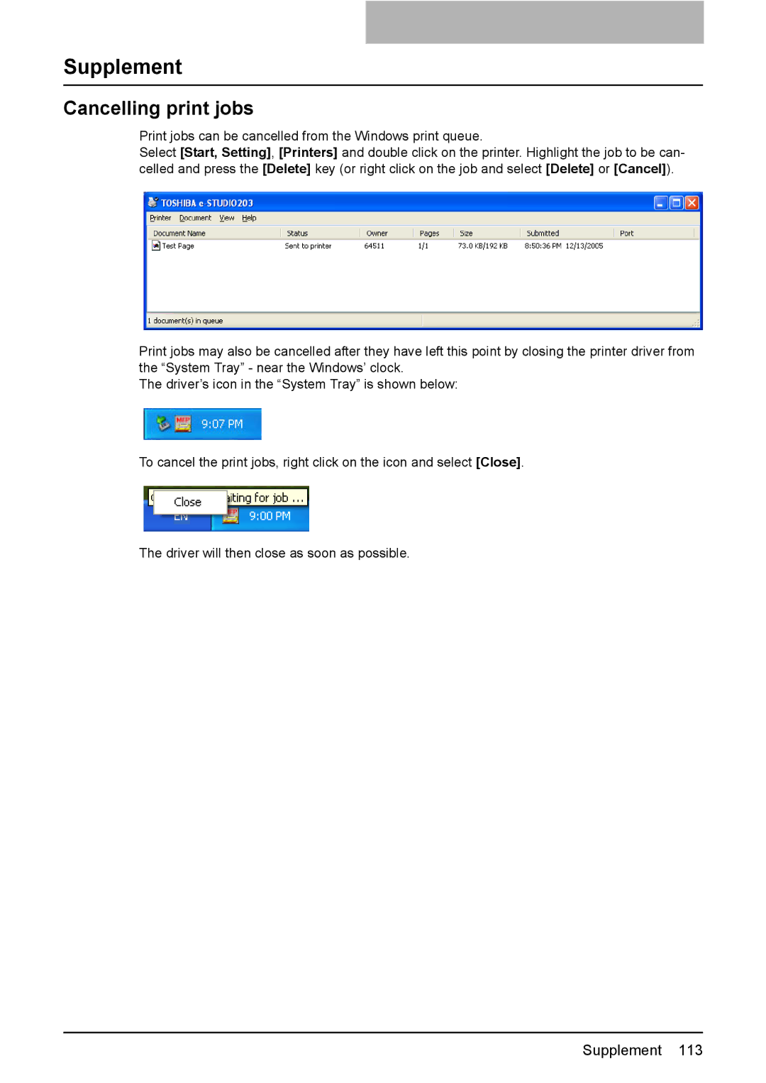 Toshiba 165/205 manual Supplement, Cancelling print jobs 