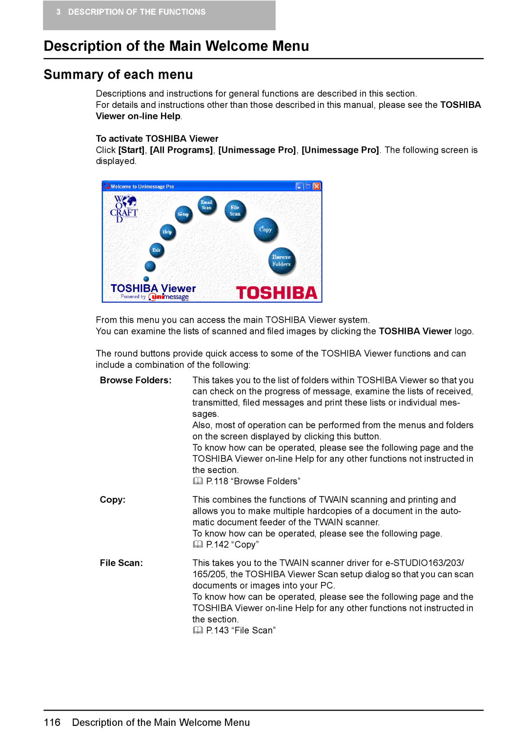 Toshiba 165/205 manual Description of the Main Welcome Menu, Summary of each menu 