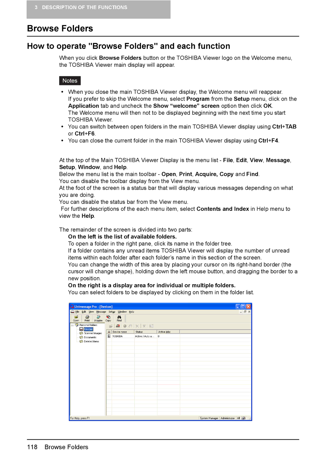 Toshiba 165/205 manual How to operate Browse Folders and each function 