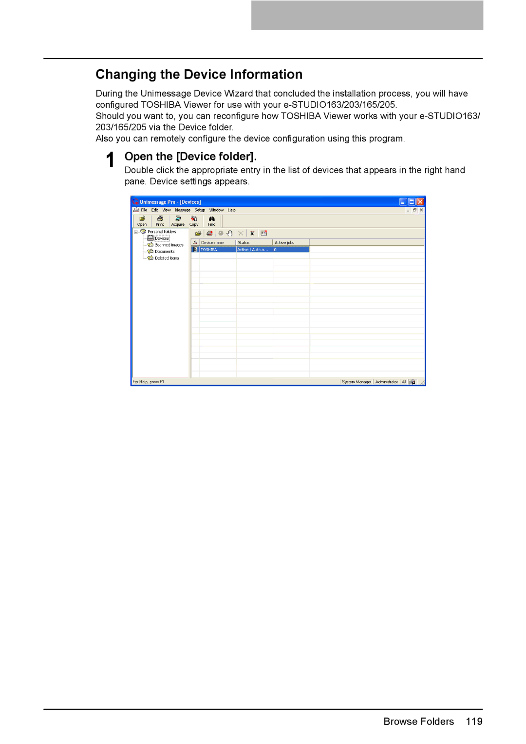 Toshiba 165/205 manual Changing the Device Information, Open the Device folder 