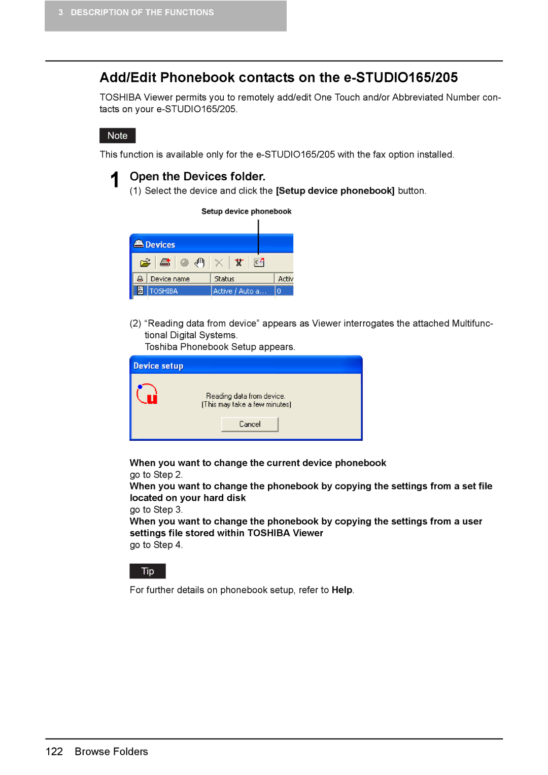 Toshiba manual Add/Edit Phonebook contacts on the e-STUDIO165/205, Open the Devices folder 