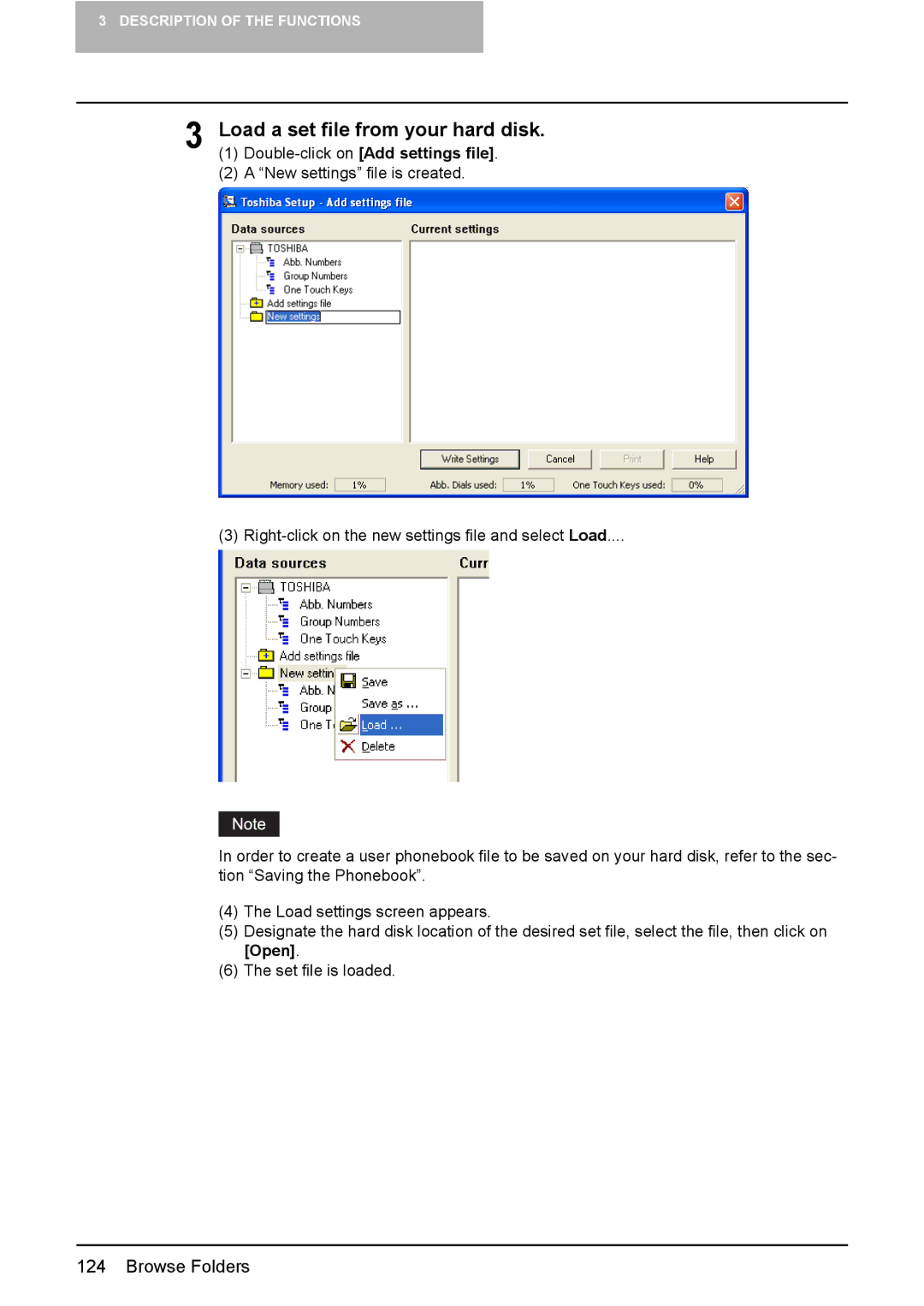 Toshiba 165/205 manual Load a set file from your hard disk 