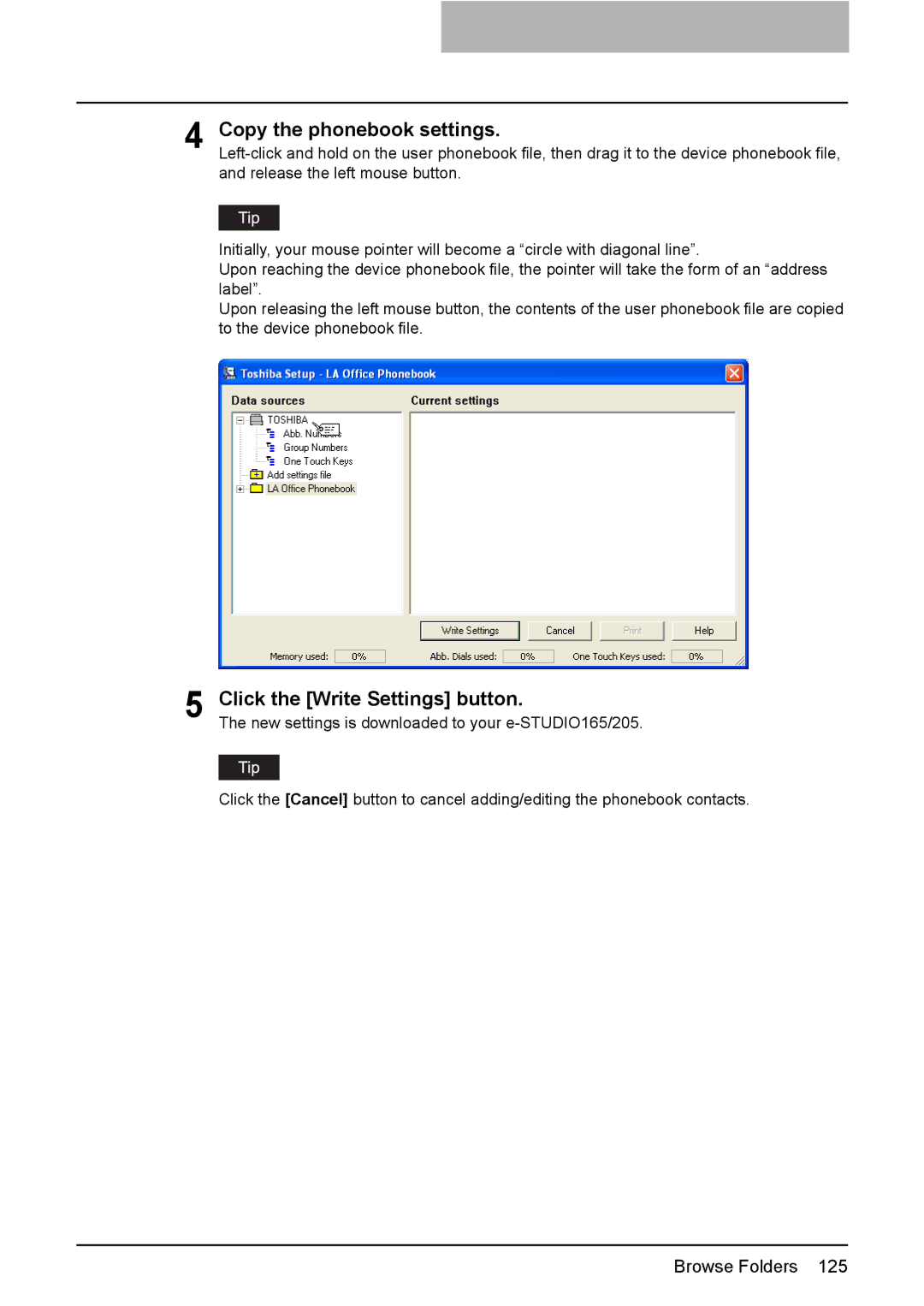 Toshiba 165/205 manual Copy the phonebook settings, Click the Write Settings button 