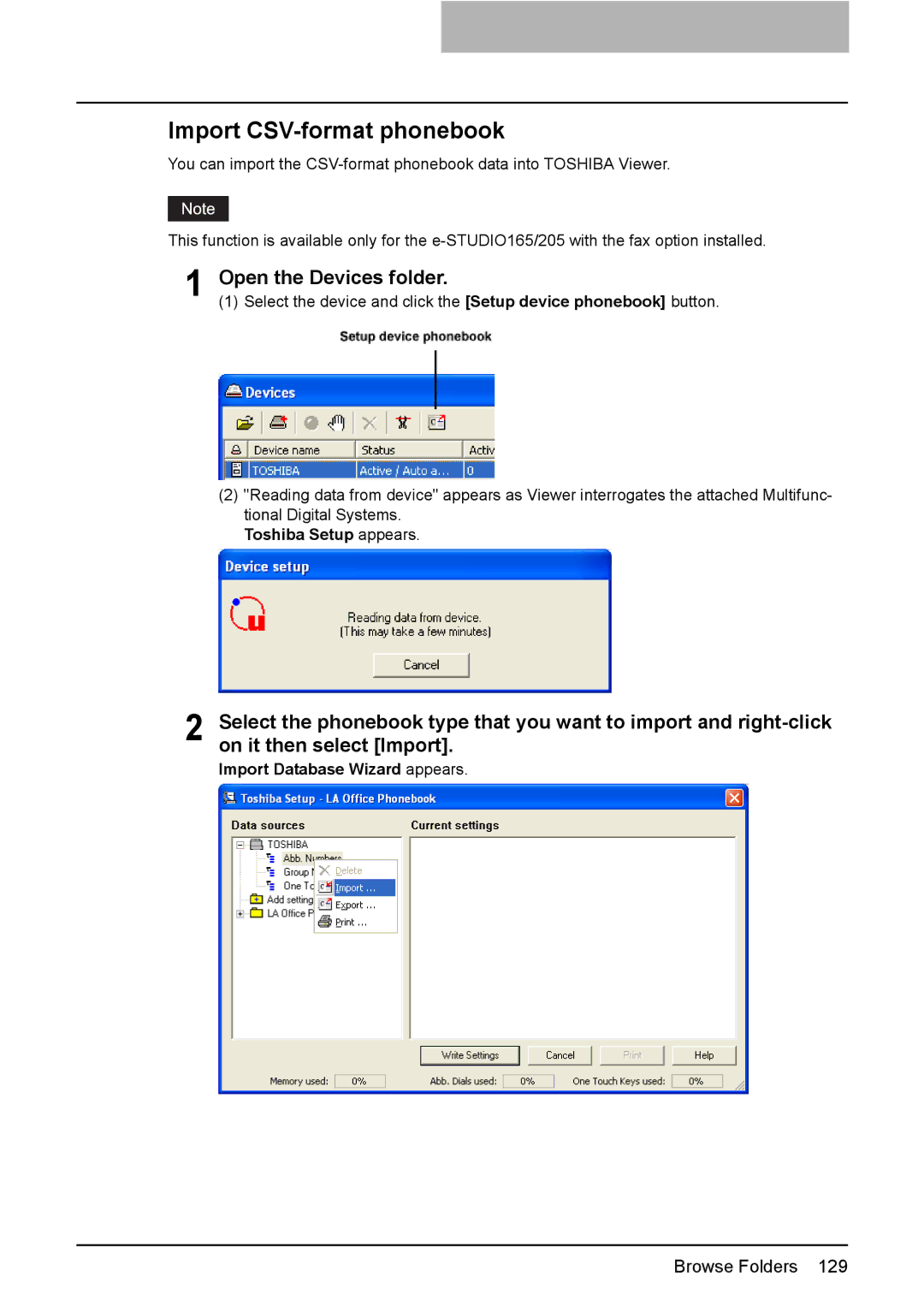 Toshiba 165/205 manual Import CSV-format phonebook, Open the Devices folder 