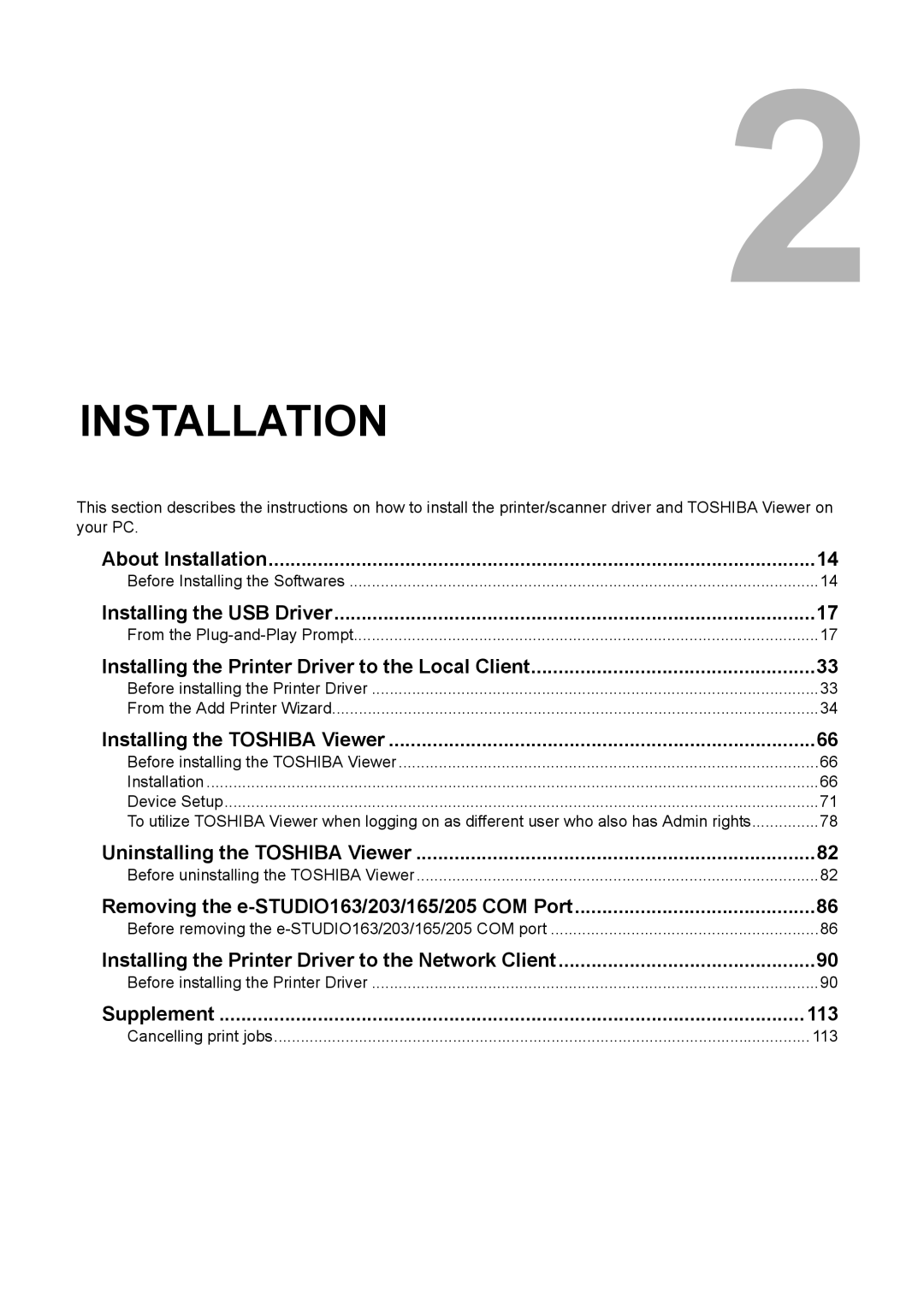 Toshiba 165/205 manual About Installation, Supplement 