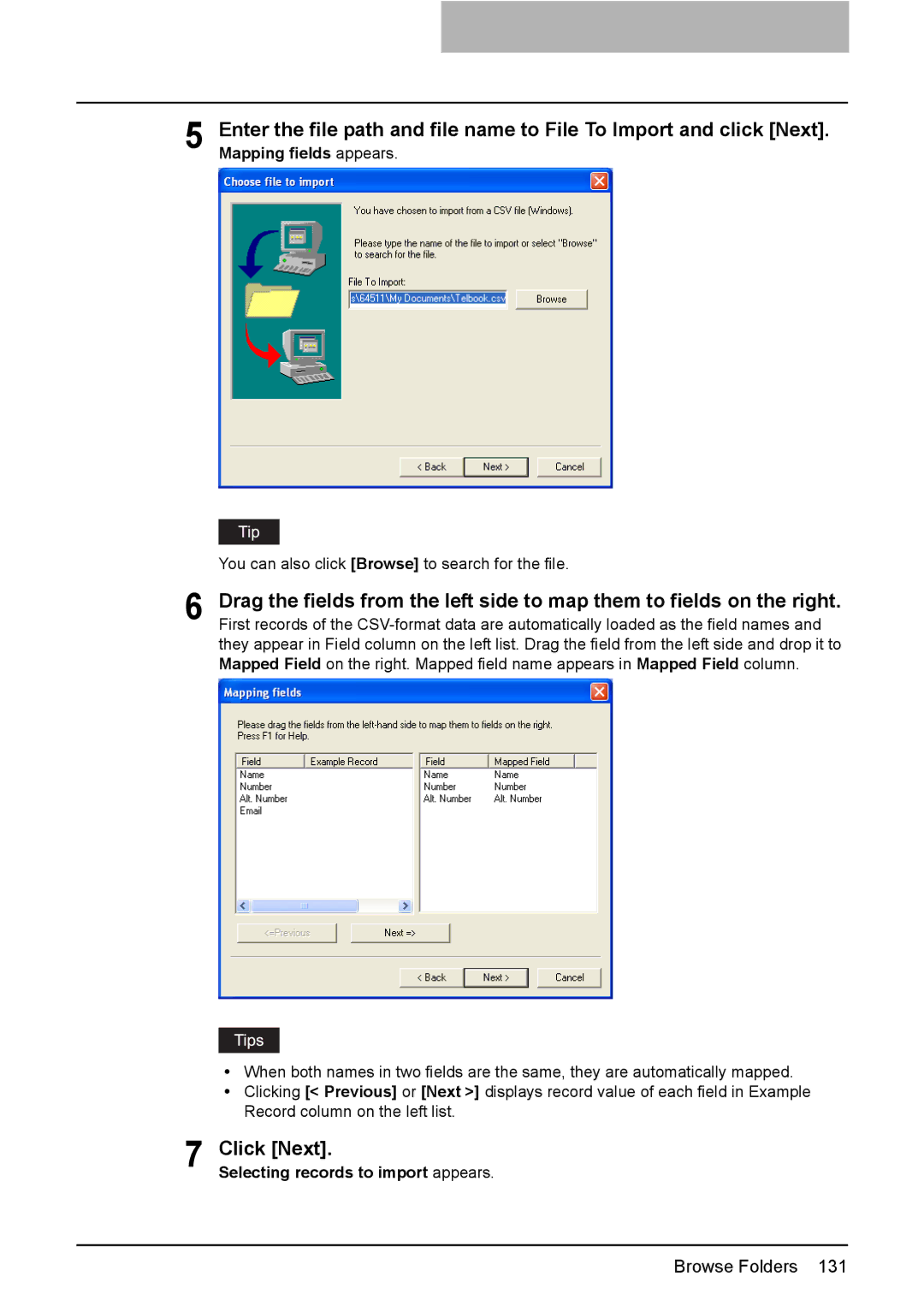 Toshiba 165/205 manual Selecting records to import appears 