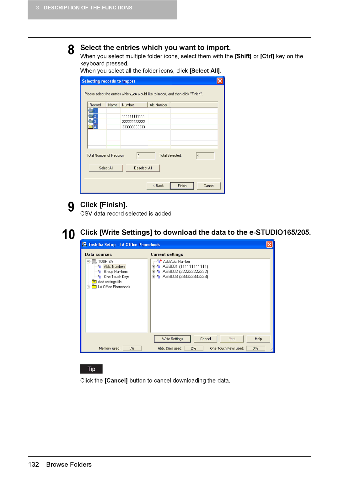 Toshiba 165/205 manual Select the entries which you want to import, Click Finish 