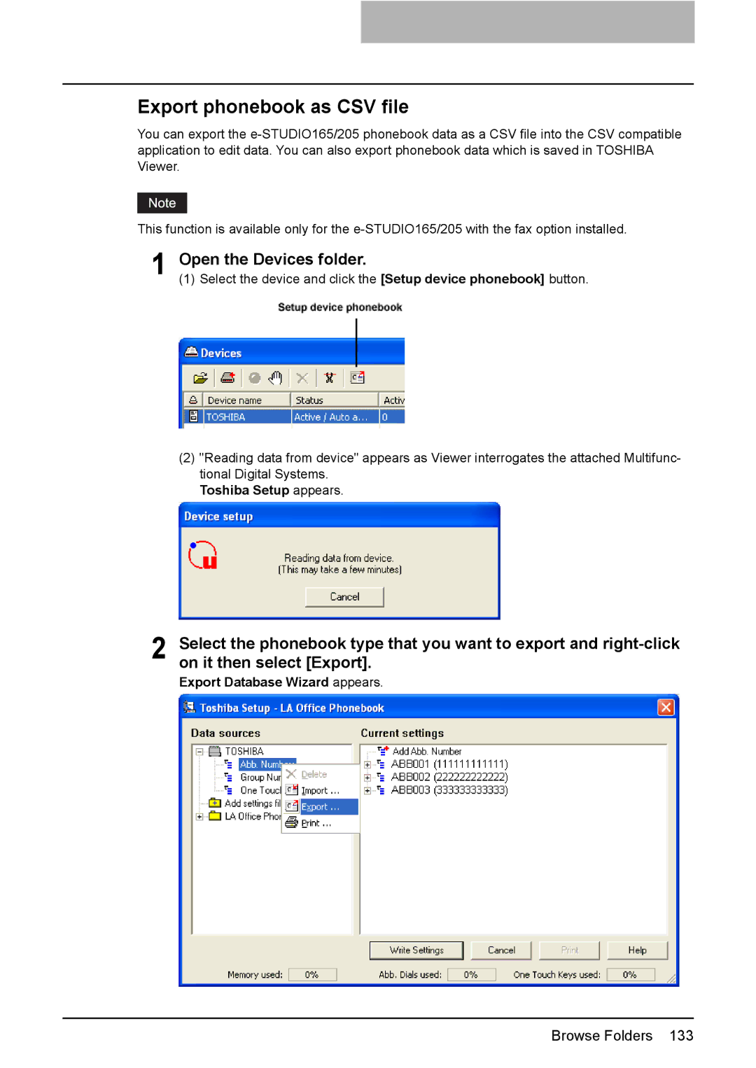 Toshiba 165/205 manual Export phonebook as CSV file, Open the Devices folder 