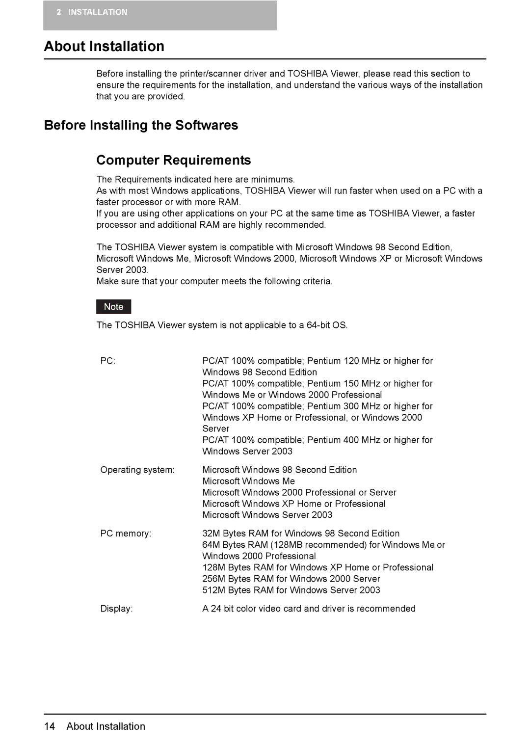 Toshiba 165/205 manual About Installation, Before Installing the Softwares Computer Requirements 