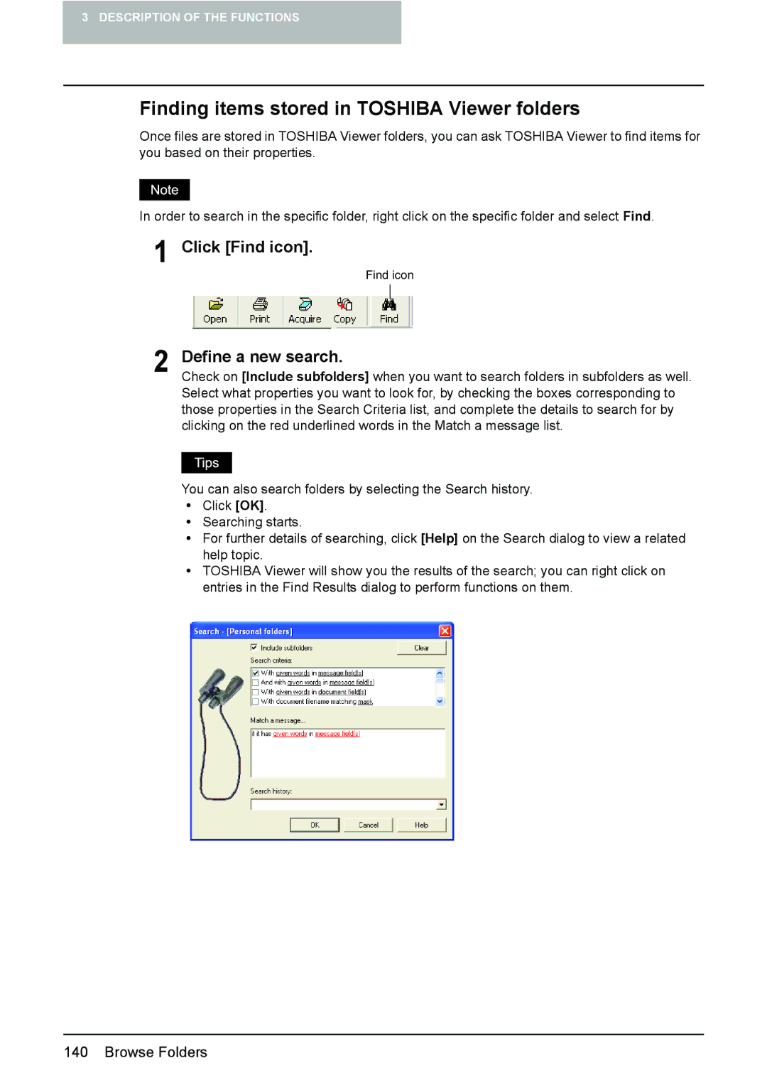 Toshiba 165/205 manual Finding items stored in Toshiba Viewer folders, Click Find icon, Define a new search 