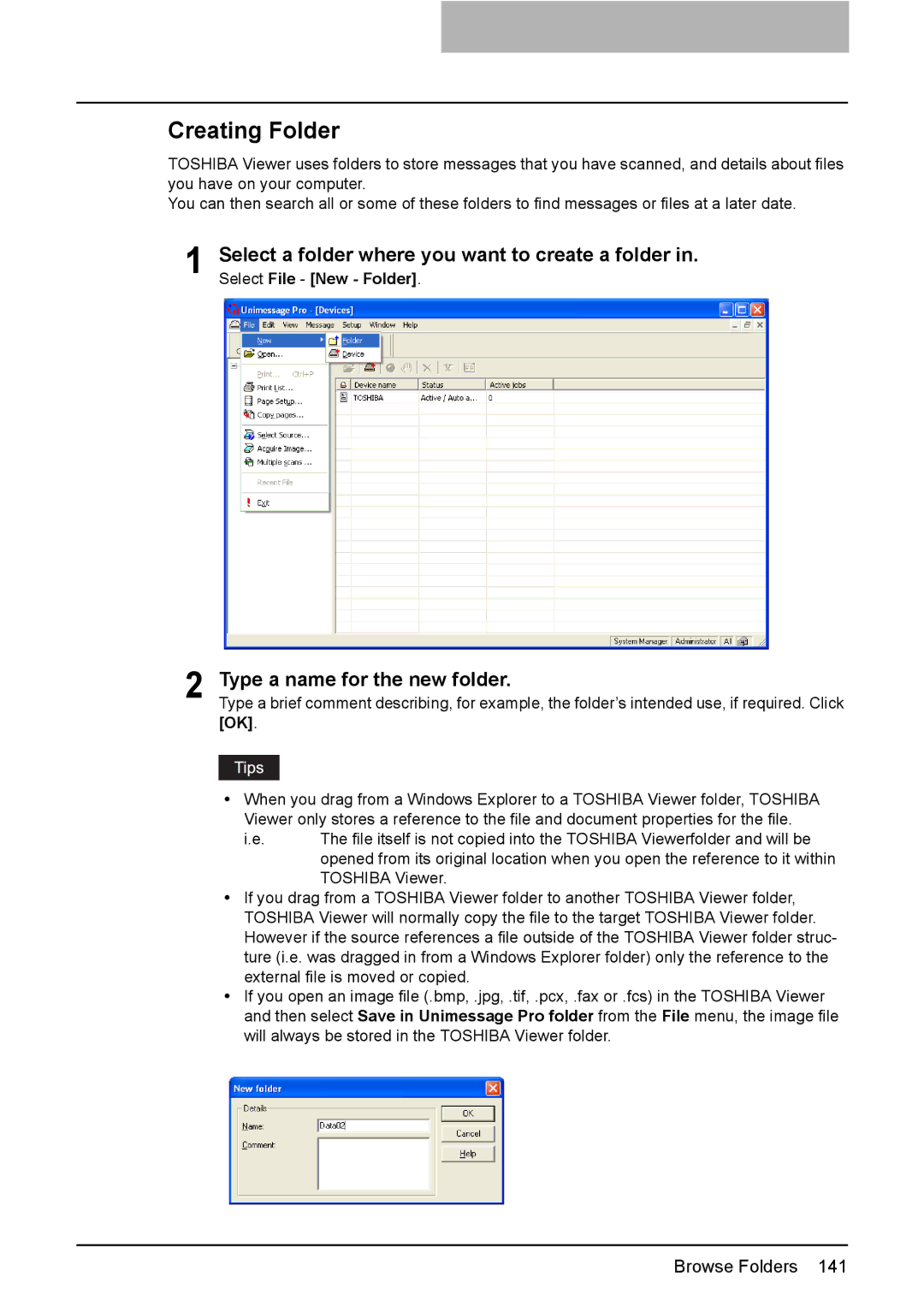 Toshiba 165/205 manual Creating Folder, Type a name for the new folder 