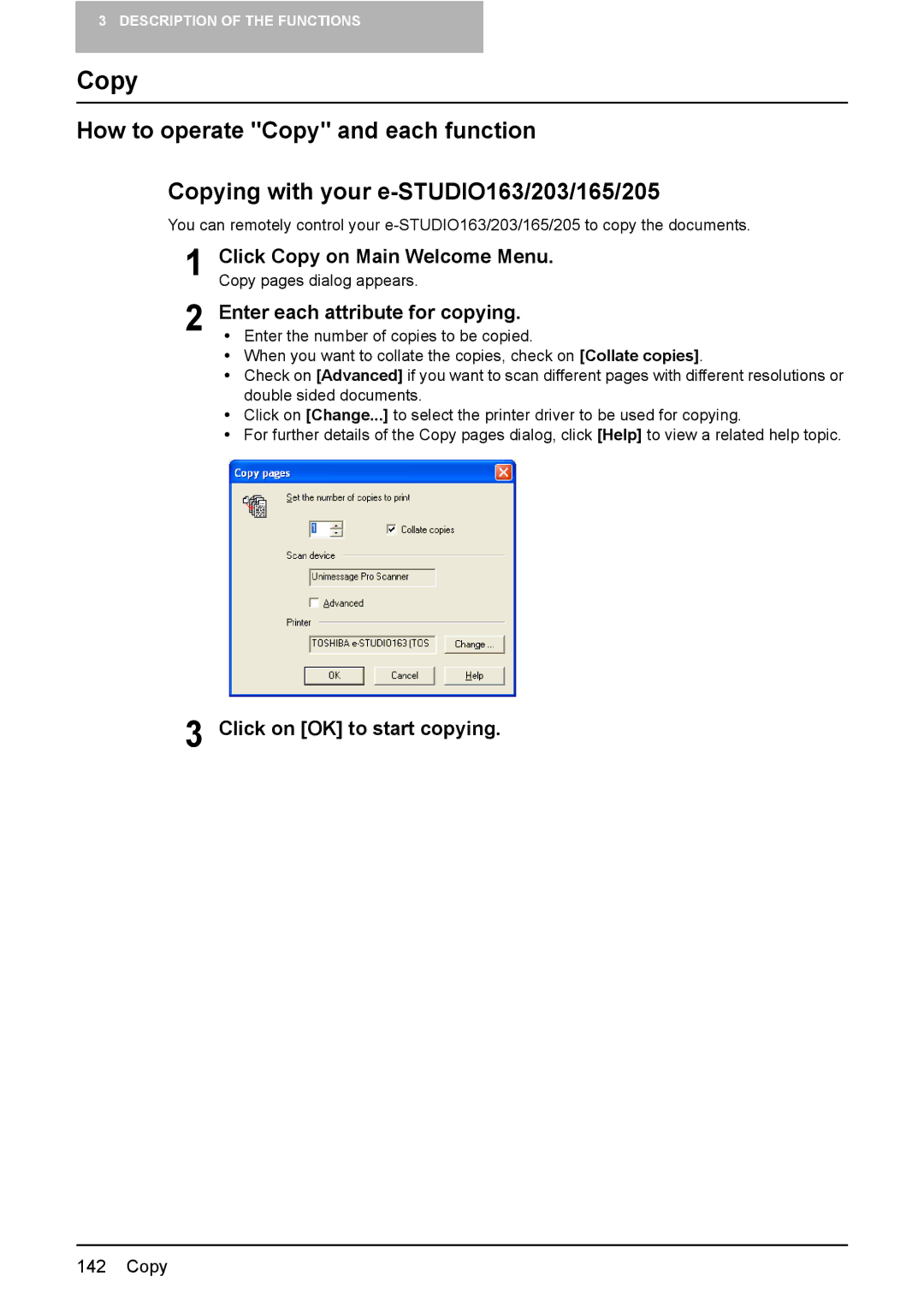 Toshiba 165/205 manual Copy, Enter each attribute for copying, Click on OK to start copying 