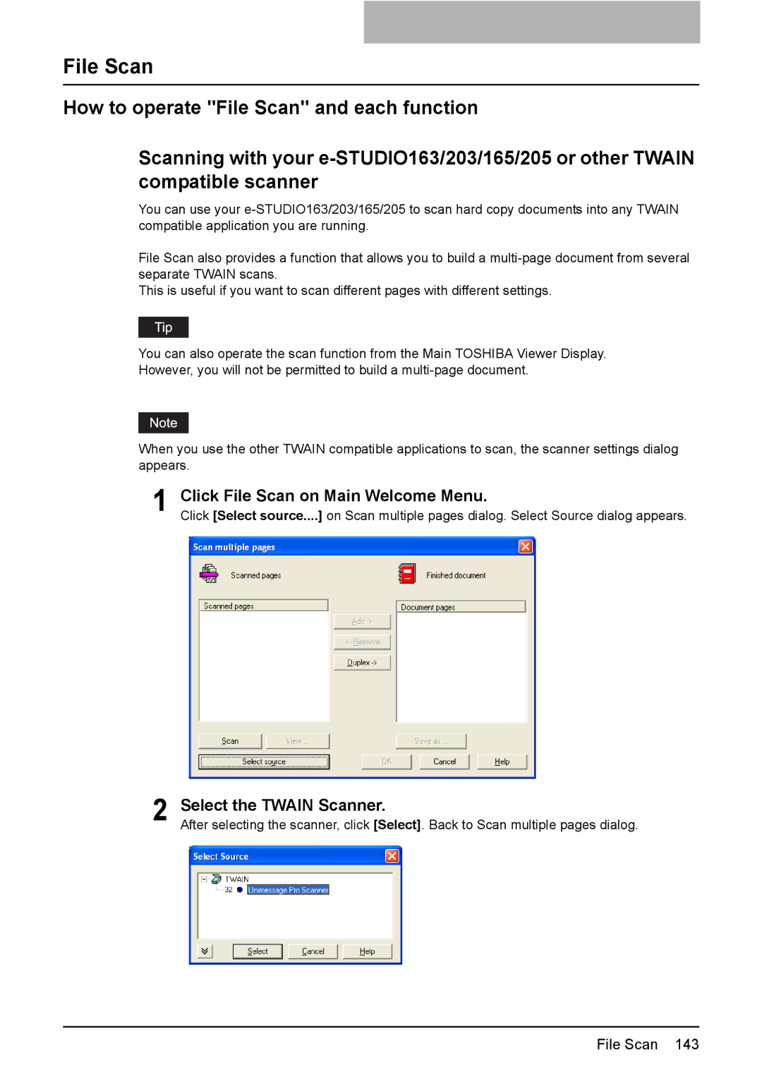 Toshiba 165/205 manual Click File Scan on Main Welcome Menu, Select the Twain Scanner 