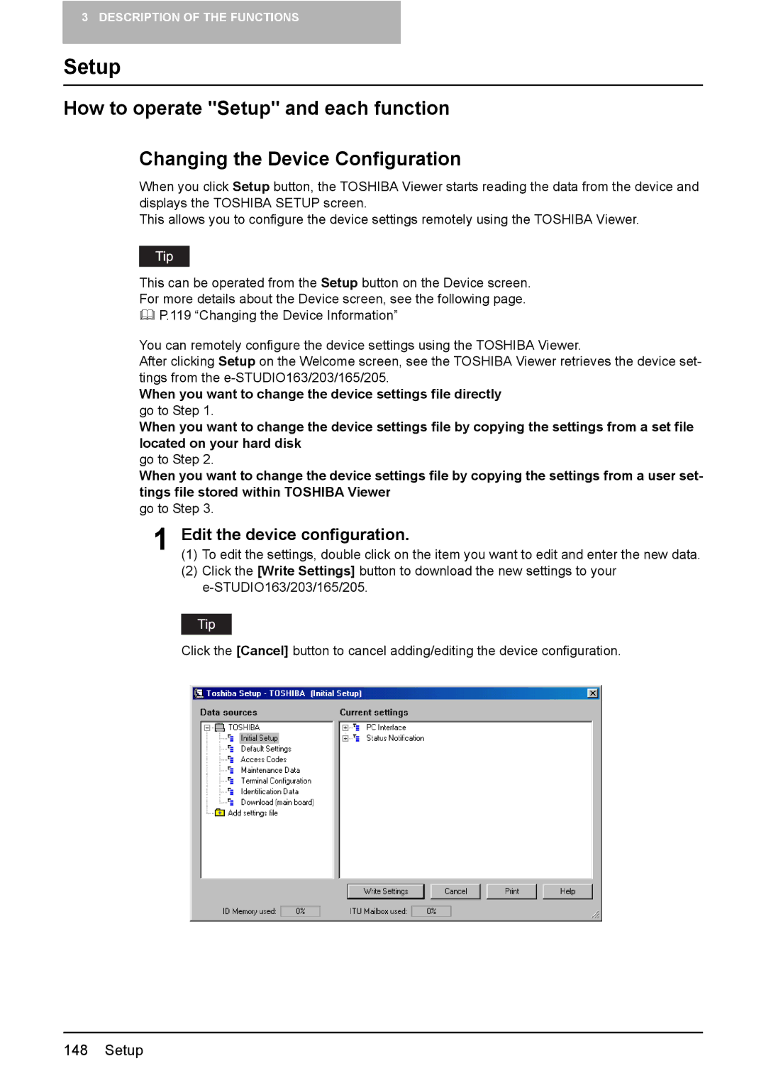 Toshiba 165/205 manual Setup, Edit the device configuration 