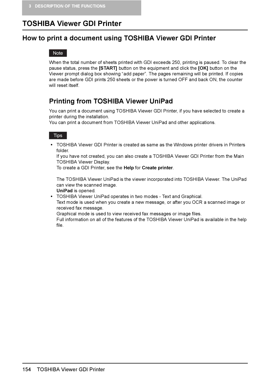 Toshiba 165/205 manual How to print a document using Toshiba Viewer GDI Printer, Printing from Toshiba Viewer UniPad 