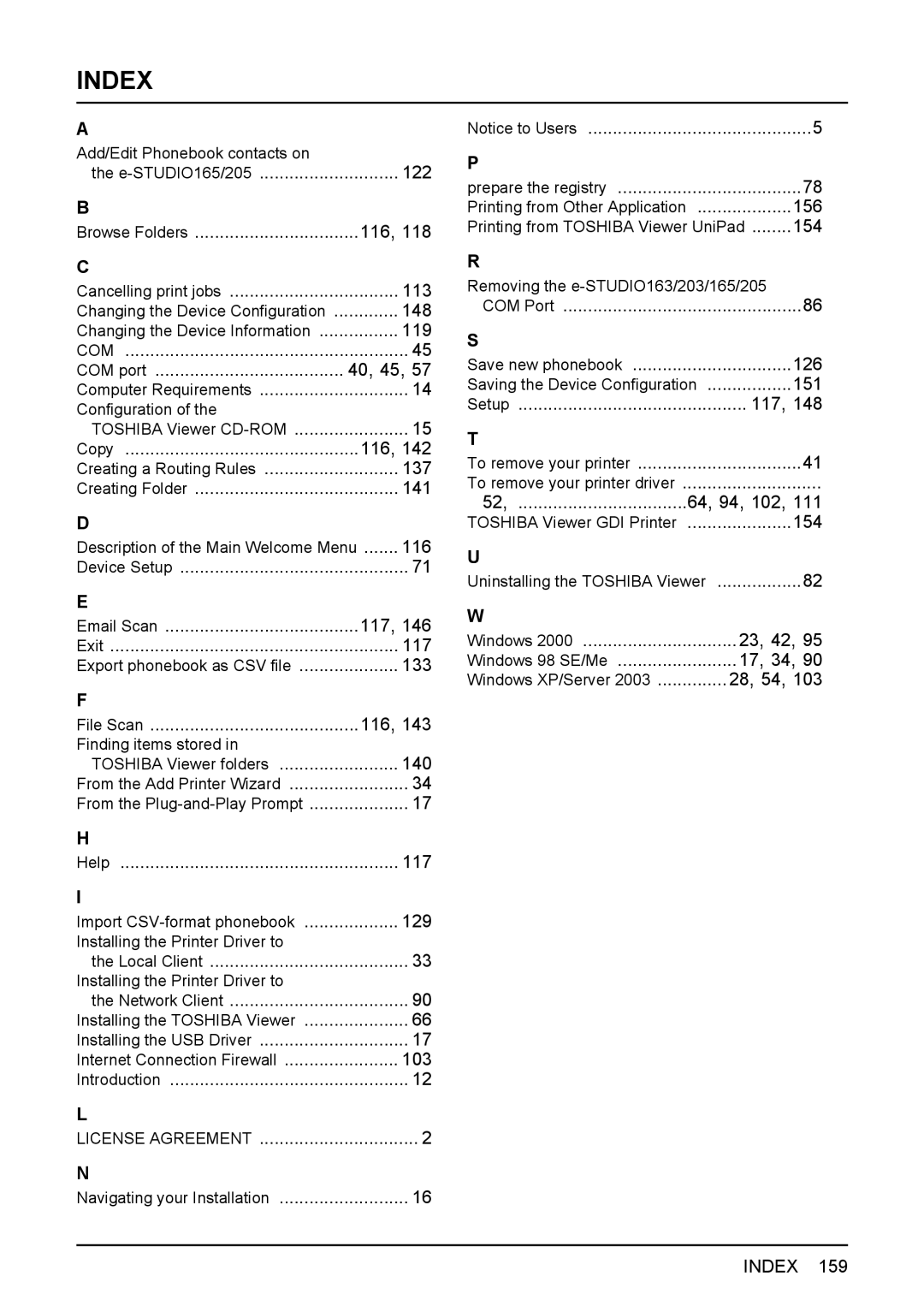 Toshiba 165/205 manual Index 