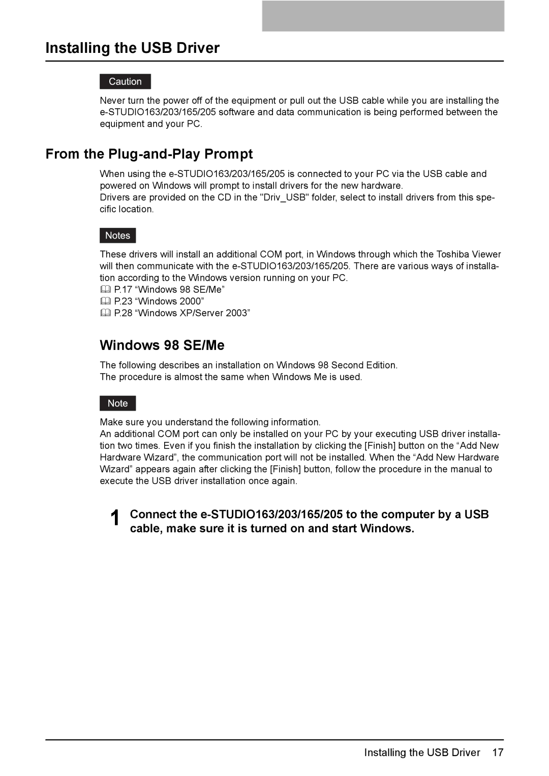 Toshiba 165/205 manual Installing the USB Driver, From the Plug-and-Play Prompt, Windows 98 SE/Me 